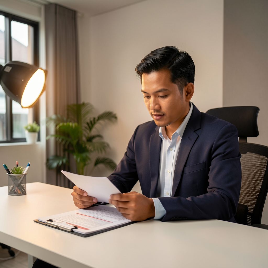 Indonesian man reviewing nutritional formulation notes at a clean desk in a modern Jakarta studio space with warm studio lighting
