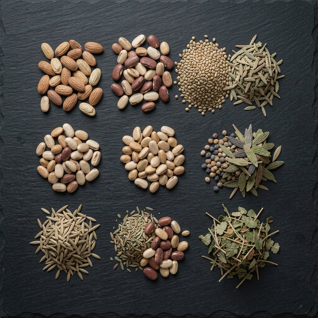 Overhead view of whole food ingredients including legumes, seeds, and dried herbs arranged neatly on a dark slate surface in controlled lighting