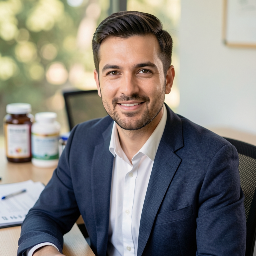 Portrait of a male nutrition professional in smart casual attire seated at a work desk with documents and supplement containers visible in the background