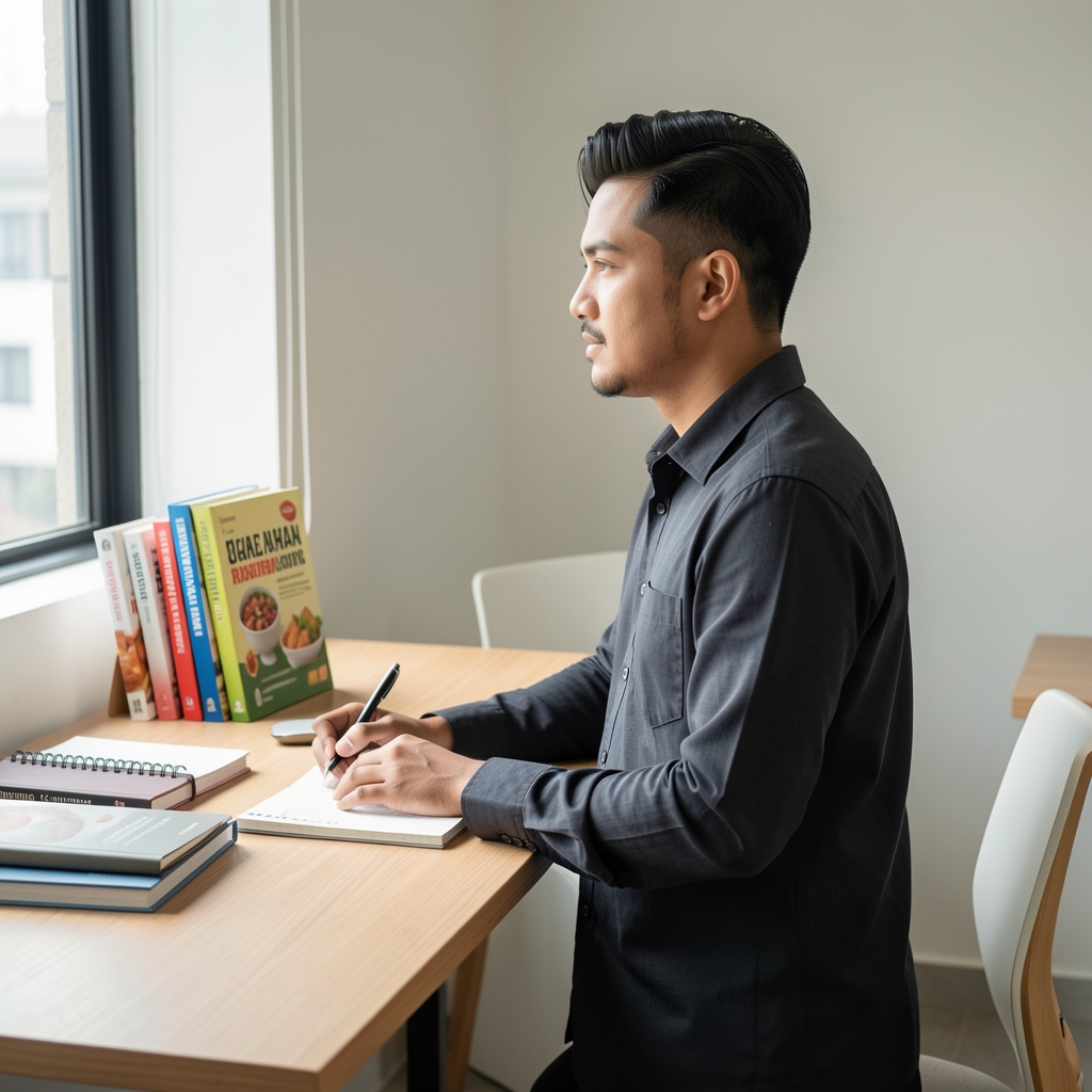 Male editorial writer photographed from the side at a standing desk with notebooks and nutrition reference books in a minimalist Jakarta workspace