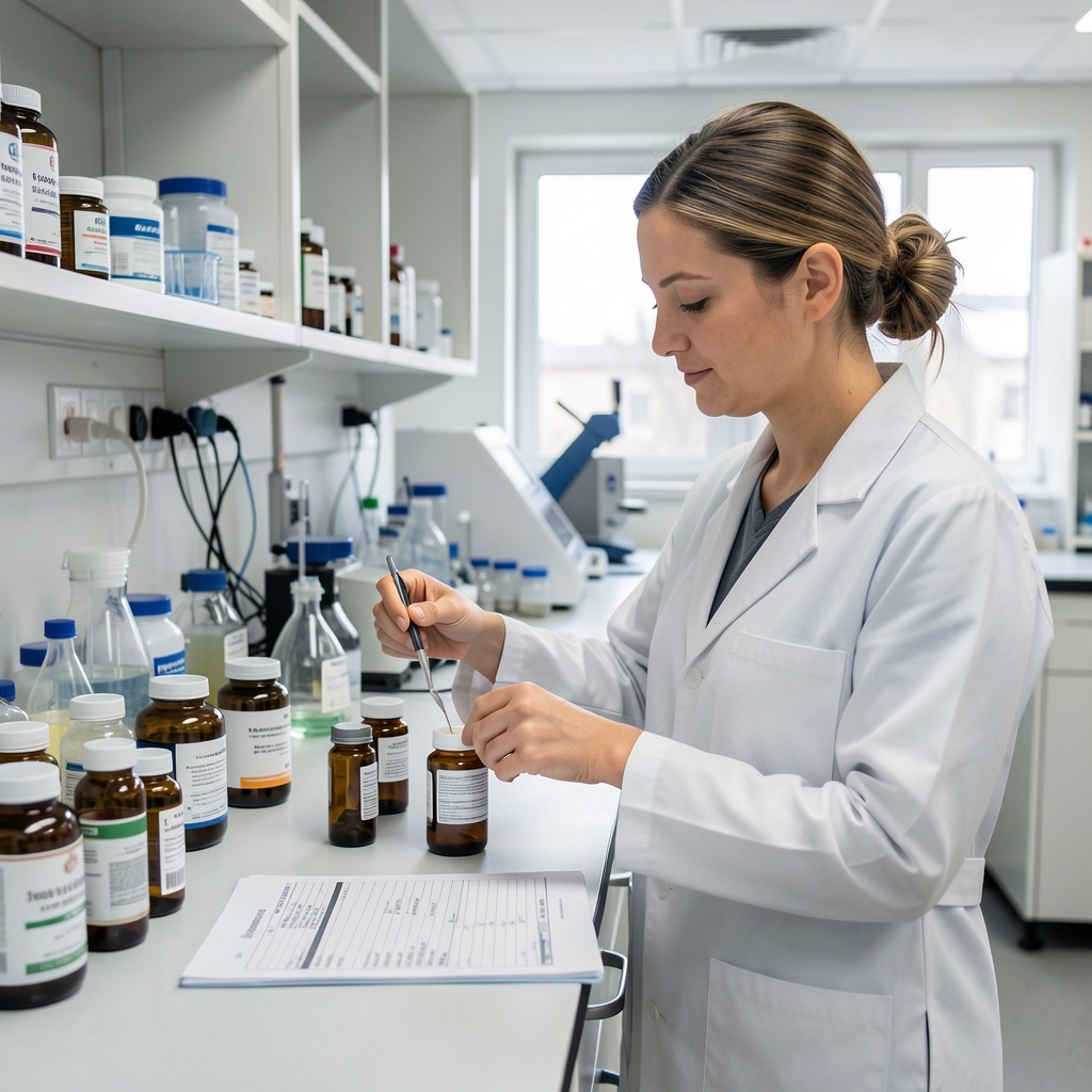 Woman in a quality-control environment examining supplement ingredient samples at a well-lit laboratory bench with batch documentation visible