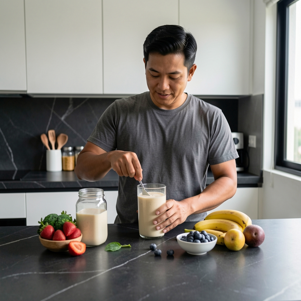 Indonesian man in a minimalist kitchen preparing a post-workout shake with natural ingredients laid out on a dark stone countertop