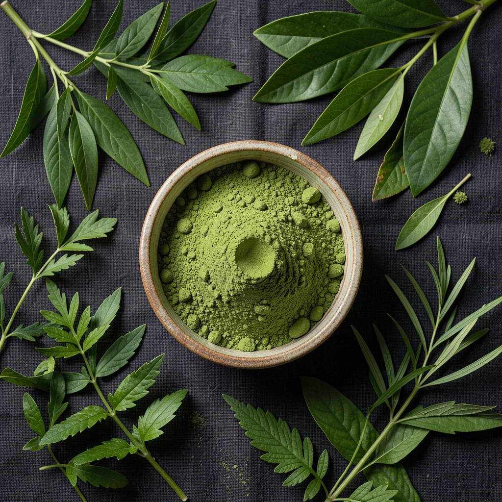 Overhead flat lay of green plant extract powder in a small ceramic bowl surrounded by fresh tropical herbs on a dark linen cloth
