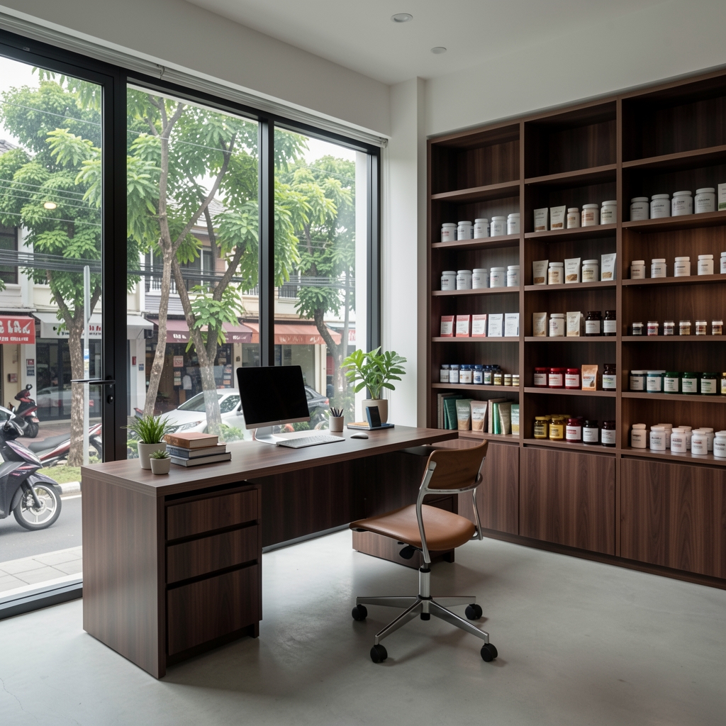 Eloka studio interior showing an open-plan workspace with dark timber shelving, supplement ingredient samples on display, and large windows overlooking a leafy Jakarta street
