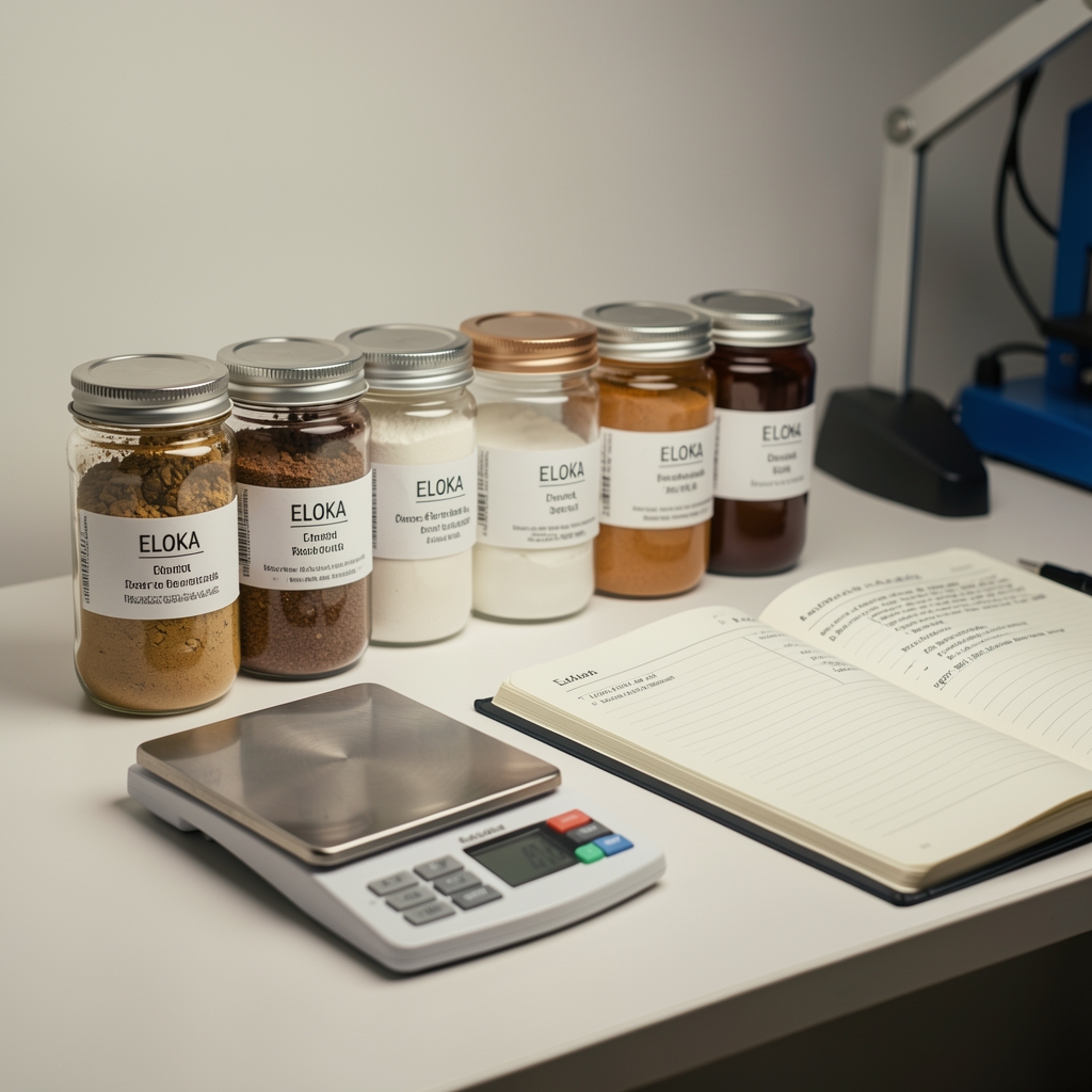 Close-up of the Eloka formulation workbench with labelled ingredient jars, a precision scale, and an open research notebook under studio lighting