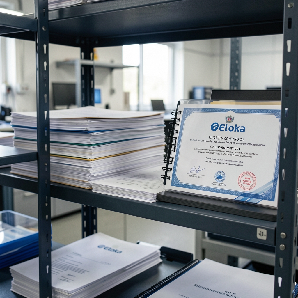 Stacked batch documentation folders and certificates of composition arranged on a dark metal shelf in the Eloka quality-control area