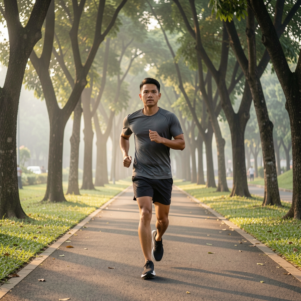 Outdoor photography of a man running through a tree-lined path in a Jakarta park at early morning, wearing minimalist athletic gear, photographed in natural cinematic light